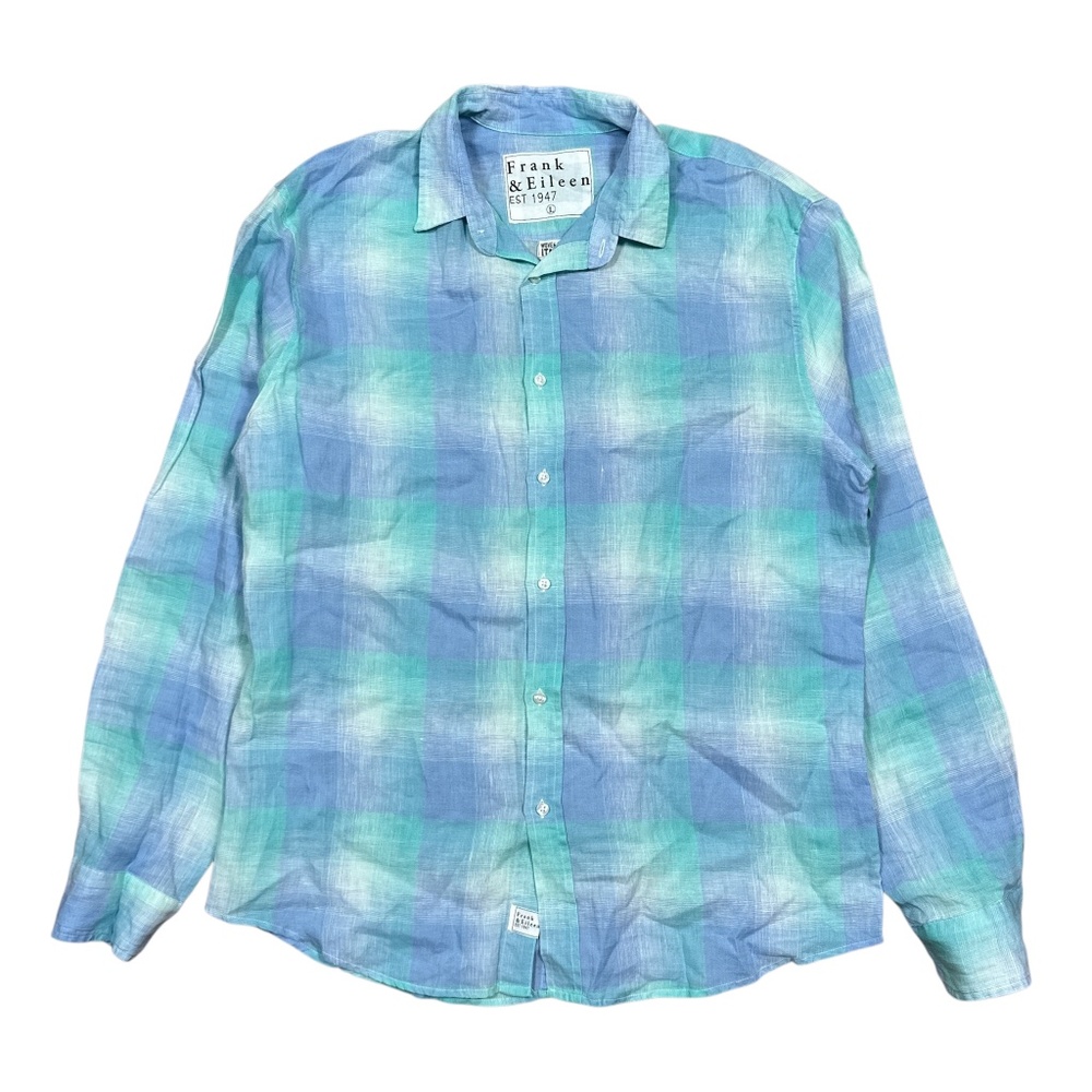 Frank & Eileen Paul Linen Plaid Blue Seafoam L/S Button Shirt Mens Large